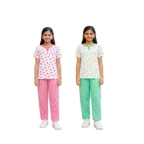 Girls Soft Cotton Printed White Pyjama Set – Skin Friendly Everyday Comfort Wear