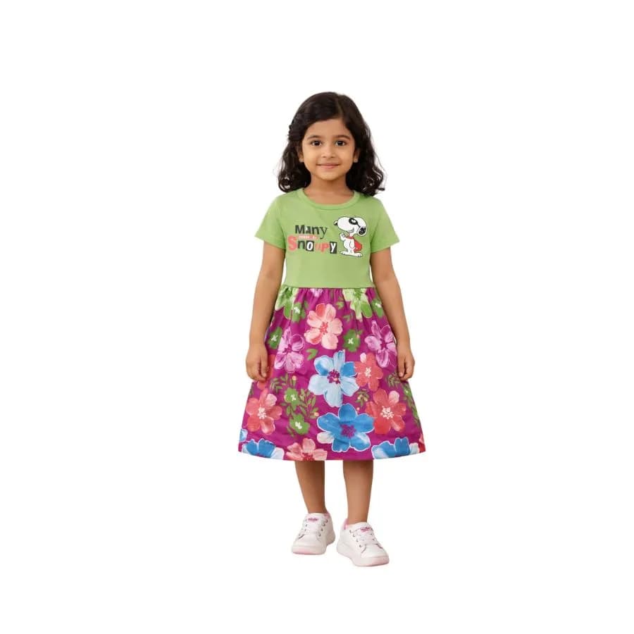 Kids Contrast Frock (knee length ,short sleeve,printed top and aop bottom frock)