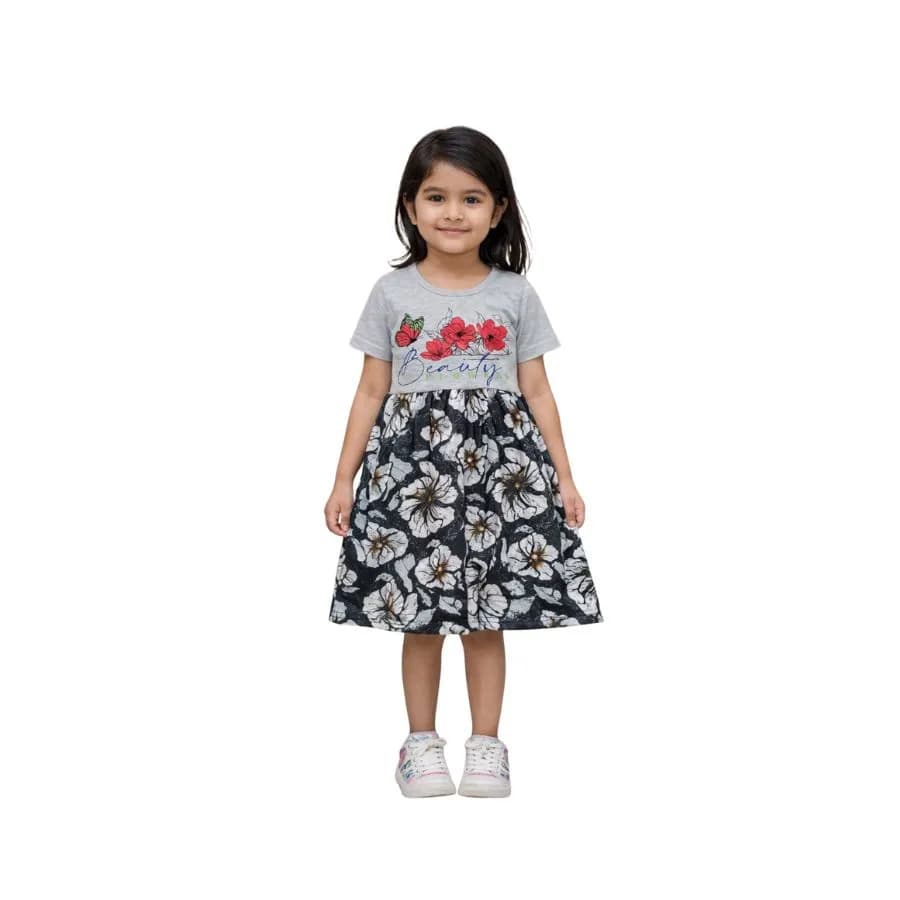 Kids Contrast Frock (knee length ,short sleeve,printed top and aop bottom frock)