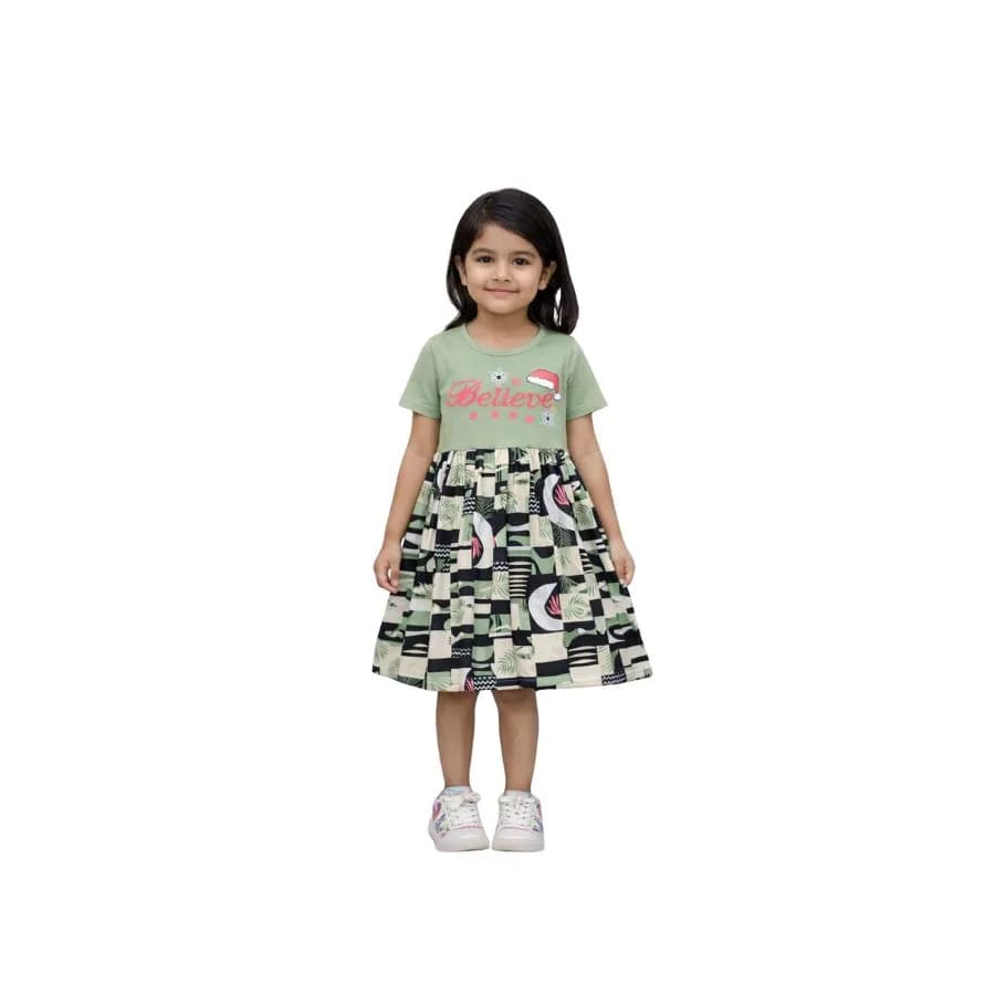Kids Contrast Frock (knee length ,short sleeve,printed top and aop bottom frock)