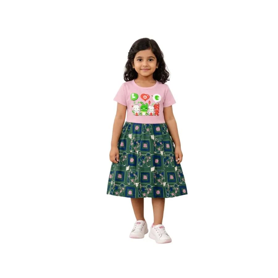 Kids Contrast Frock (knee length ,short sleeve,printed top and aop bottom frock)