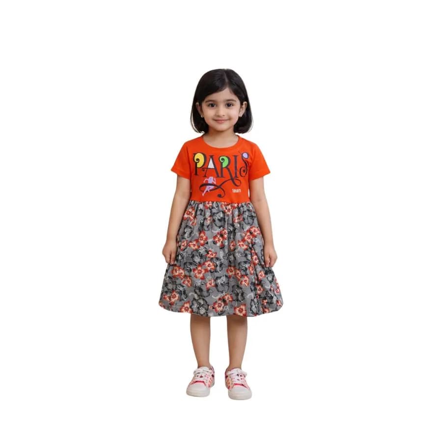 Kids Contrast Frock (knee length ,short sleeve,printed top and aop bottom frock)