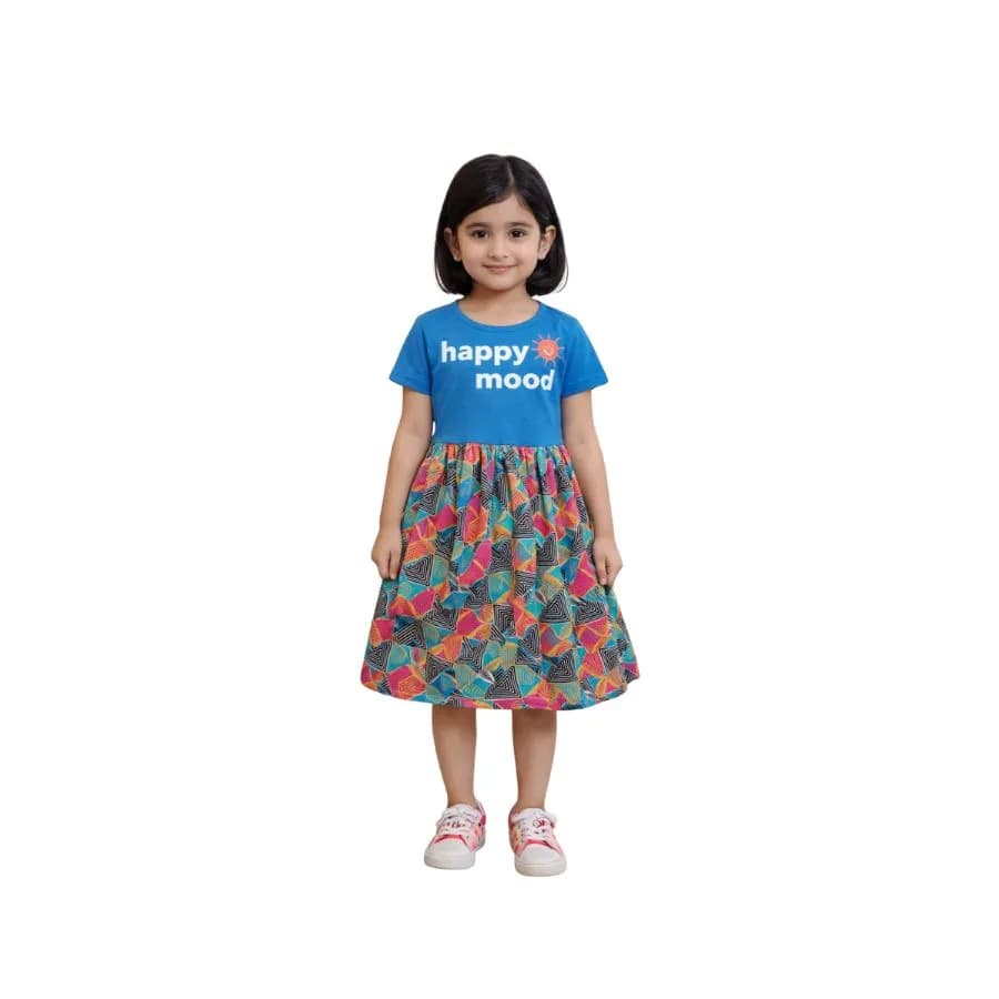 Kids Contrast Frock (knee length ,short sleeve,printed top and aop bottom frock)