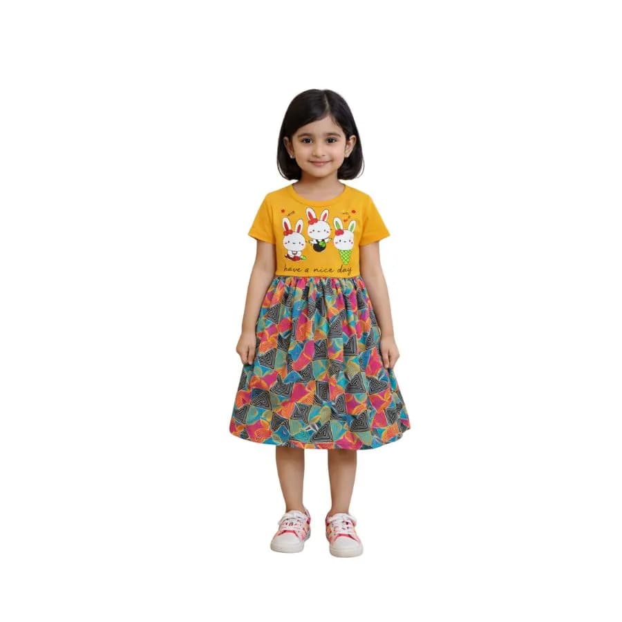 Kids Contrast Frock (knee length ,short sleeve,printed top and aop bottom frock)