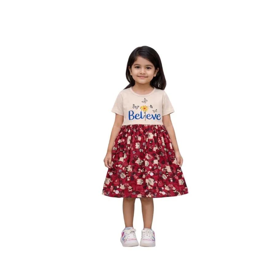 Kids Contrast Frock (knee length ,short sleeve,printed top and aop bottom frock)