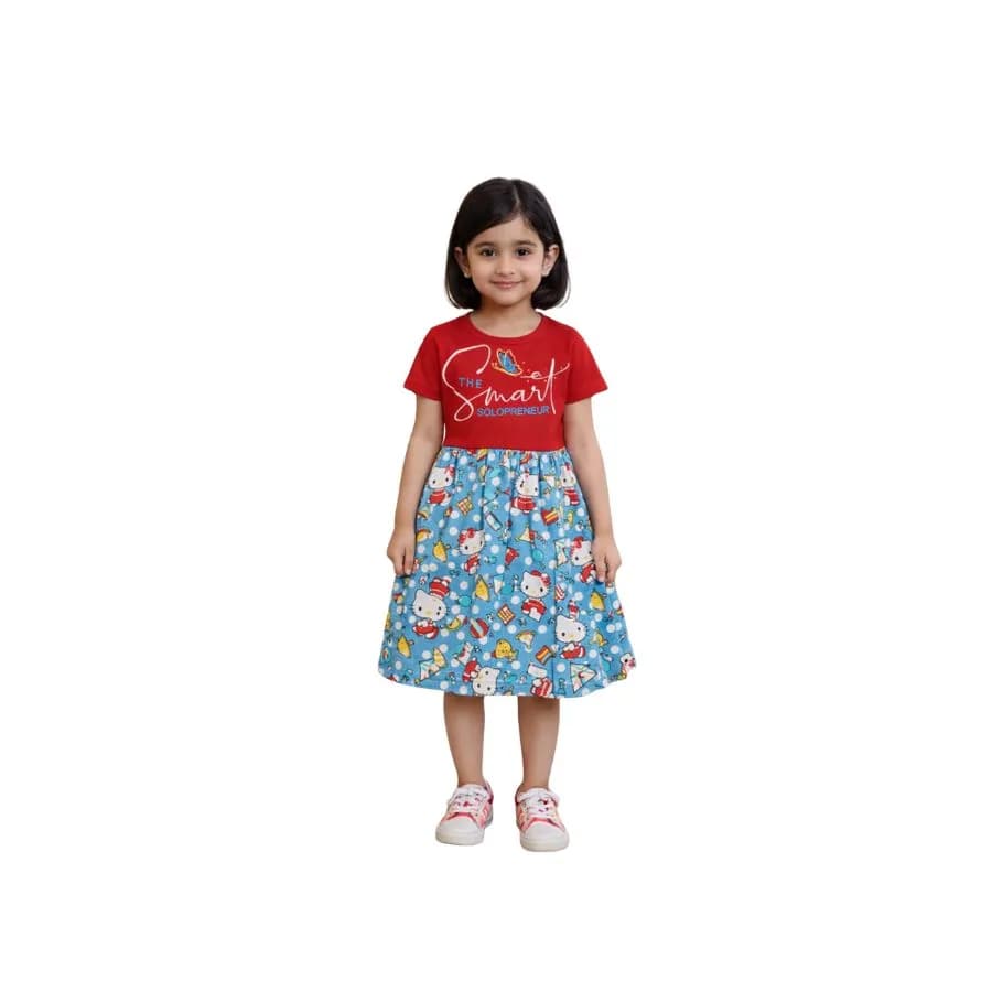 Kids Contrast Frock (knee length ,short sleeve,printed top and aop bottom frock)
